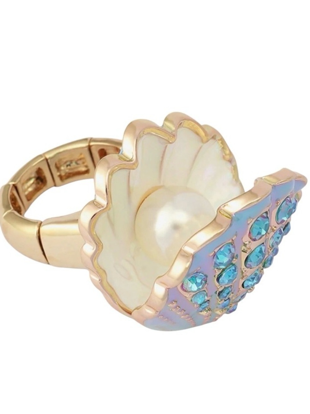 New Betsey Johnson Gold-Tone Pearl Shell stretch Ring with Aqua Crystals - Picture 4 of 16